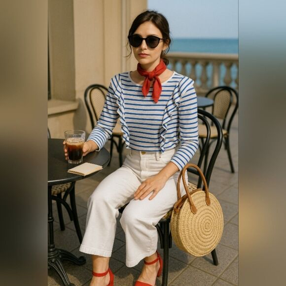 Lilly Pulitzer Top Sz S Blue White Coastal Stripe Ruffle Long Sleeve Preppy Top - Picture 1 of 9